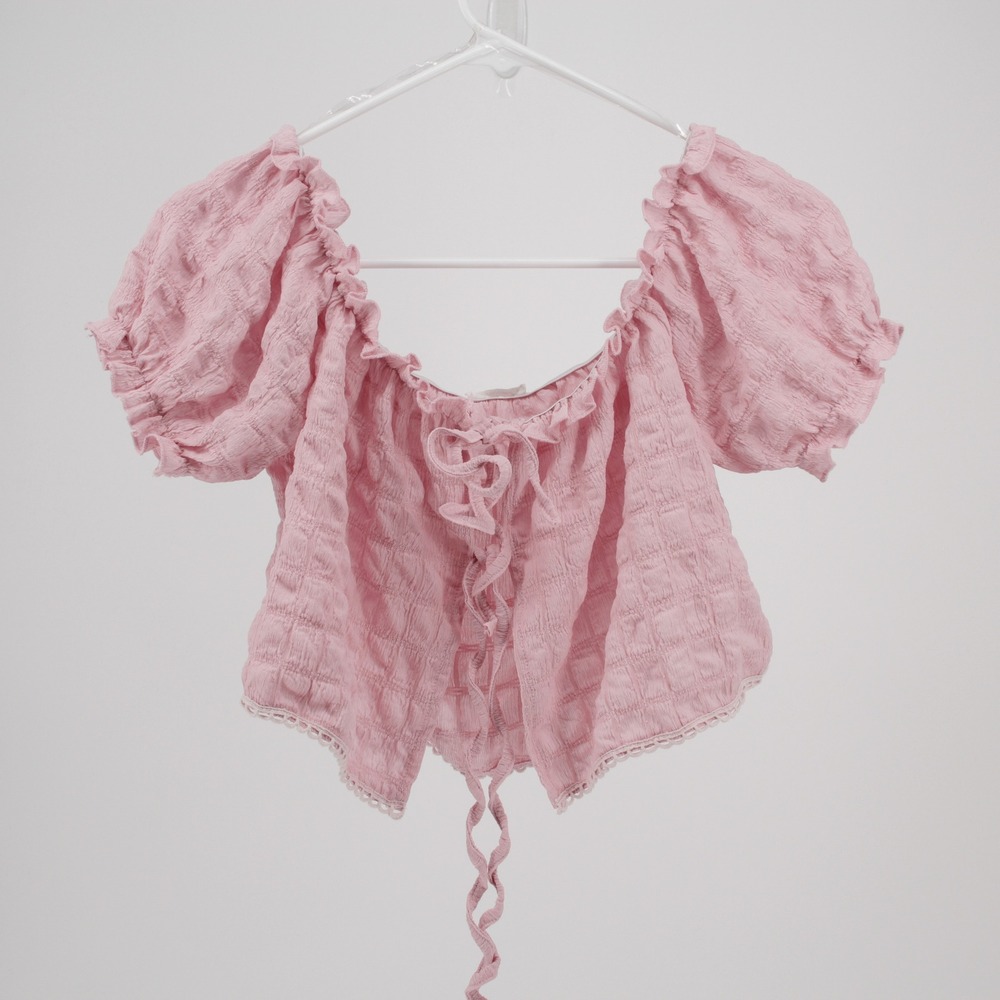 Timing Women's Pink Smocked Puff Sleeve Crop Top Size Medium
